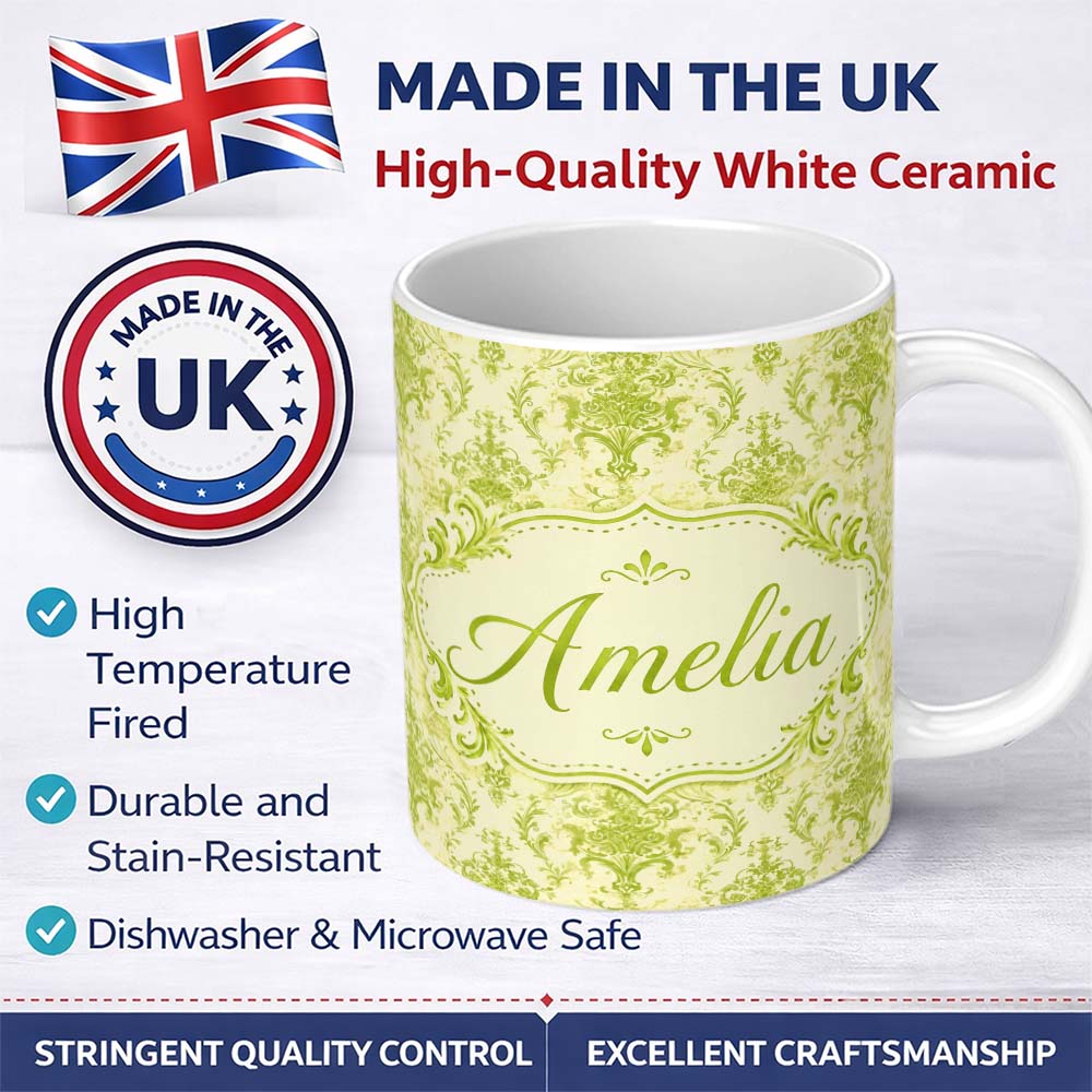 Personalized Custom Name Distressed Vintage Green Damask Ornamental Seamless Pattern Lovely 11oz Ceramic Coffee Tea Mug White Large Handle