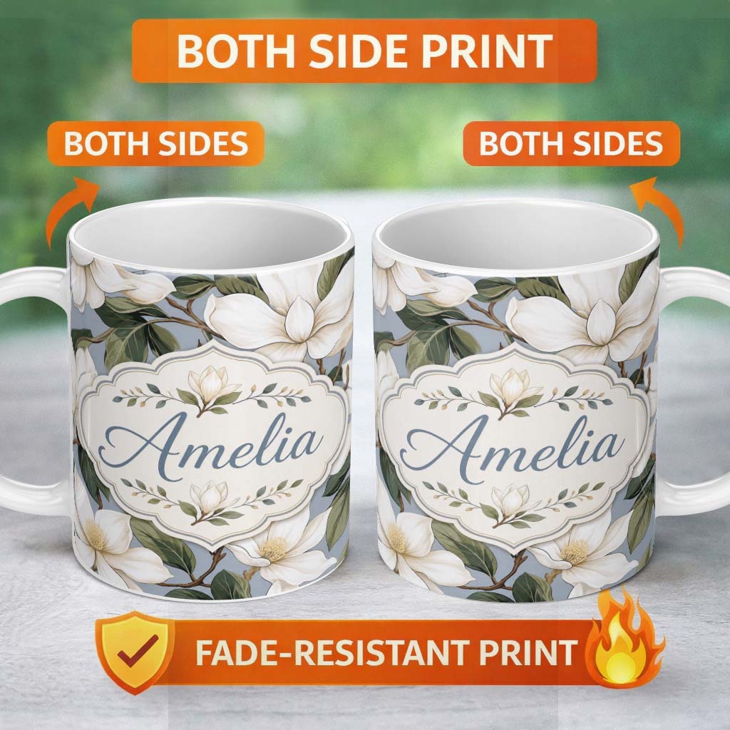 Personalized Custom Name Vintage Magnolia Floral Branches Soft Neutral Background Seamless 11oz Ceramic Coffee Tea Mug White Large Handle