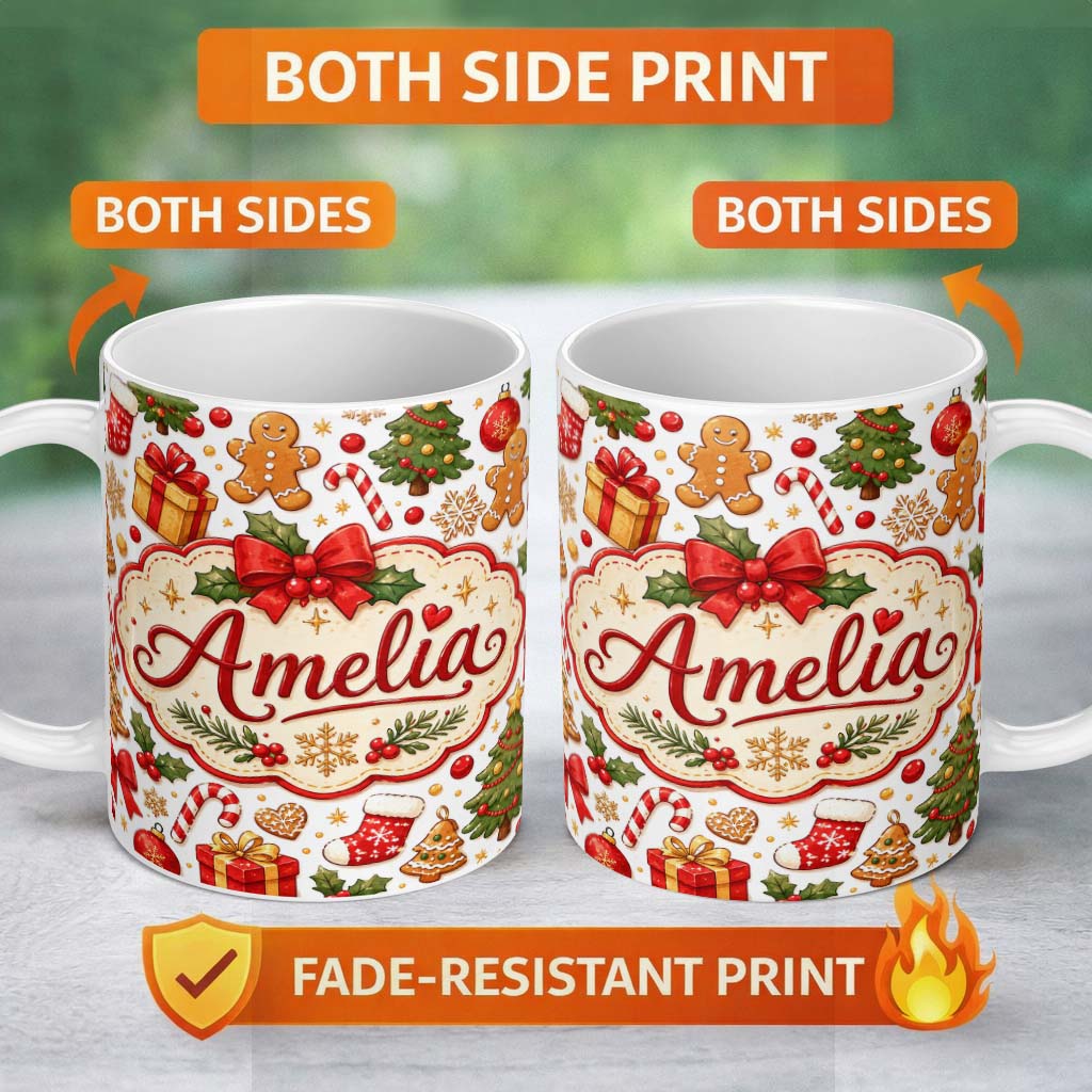 Personalized Custom Name Cute Christmas Tree Gifts Gingerbread Festive Seamless Pattern 11oz Ceramic Coffee Tea Mug White Large Handle