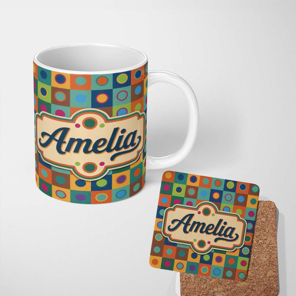 Personalized Custom Name Colorful Polka Dot Grid Modern Geometric Seamless Pattern Lovely 11oz Ceramic Coffee Tea Mug White Large Handle