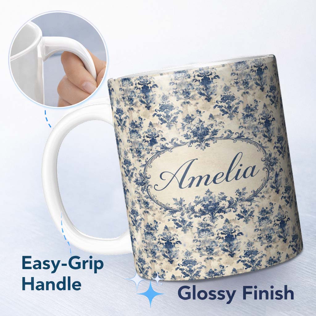 Personalized Custom Name Elegant Blue Vintage Floral Damask on Textured Neutral Background 11oz Ceramic Coffee Tea Mug White Large Handle
