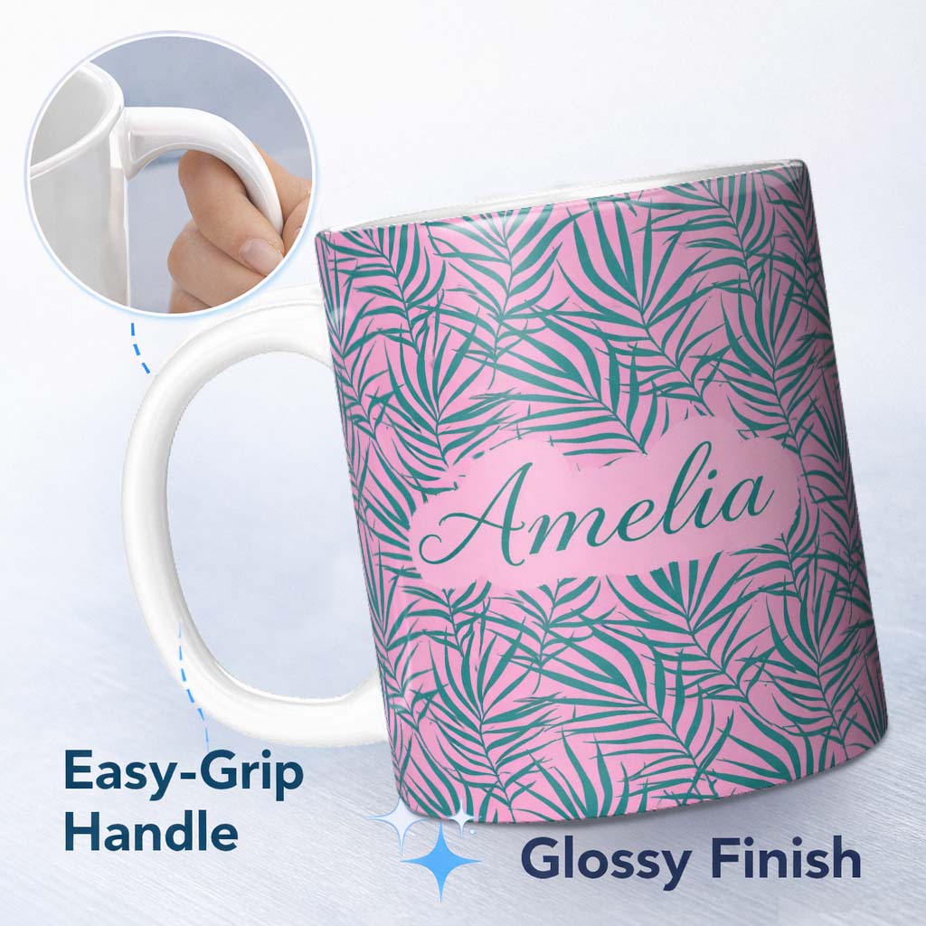 Personalized Custom Name Bold Tropical Leaves Pink Green Abstract Seamless Pattern Lovely 11oz Ceramic Coffee Tea Mug White Large Handle
