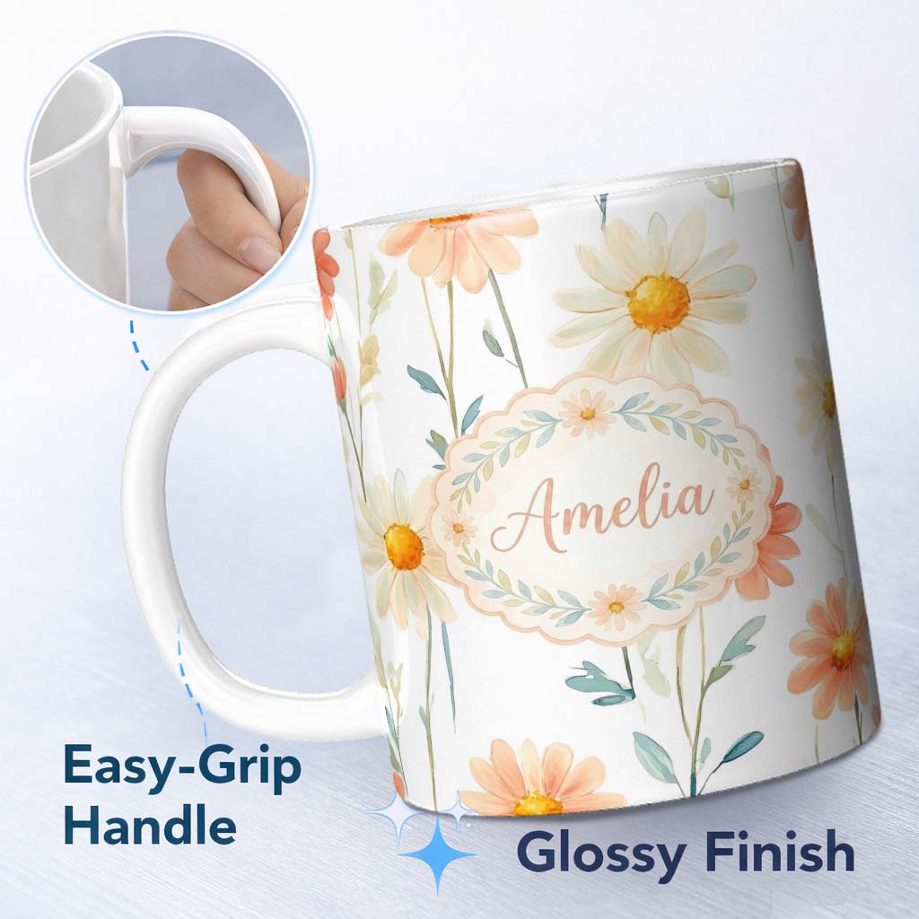 Personalized Custom Name Watercolor Peach Daisy Floral Seamless Pattern on White Background 11oz Ceramic Coffee Tea Mug White Large Handle