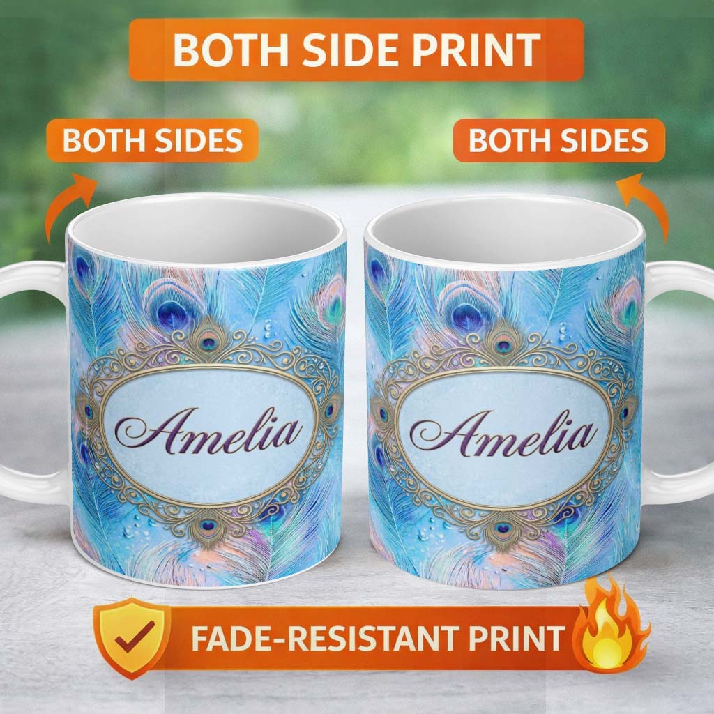 Personalized Custom Name Peacock Feather Iridescent Blue Watercolor Seamless Pattern Lovely 11oz Ceramic Coffee Tea Mug White Large Handle