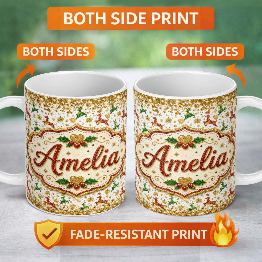 Personalized Custom Name Festive Reindeer Heart Gold Glitter Christmas Seamless Pattern 11oz Ceramic Coffee Tea Mug White Large Handle