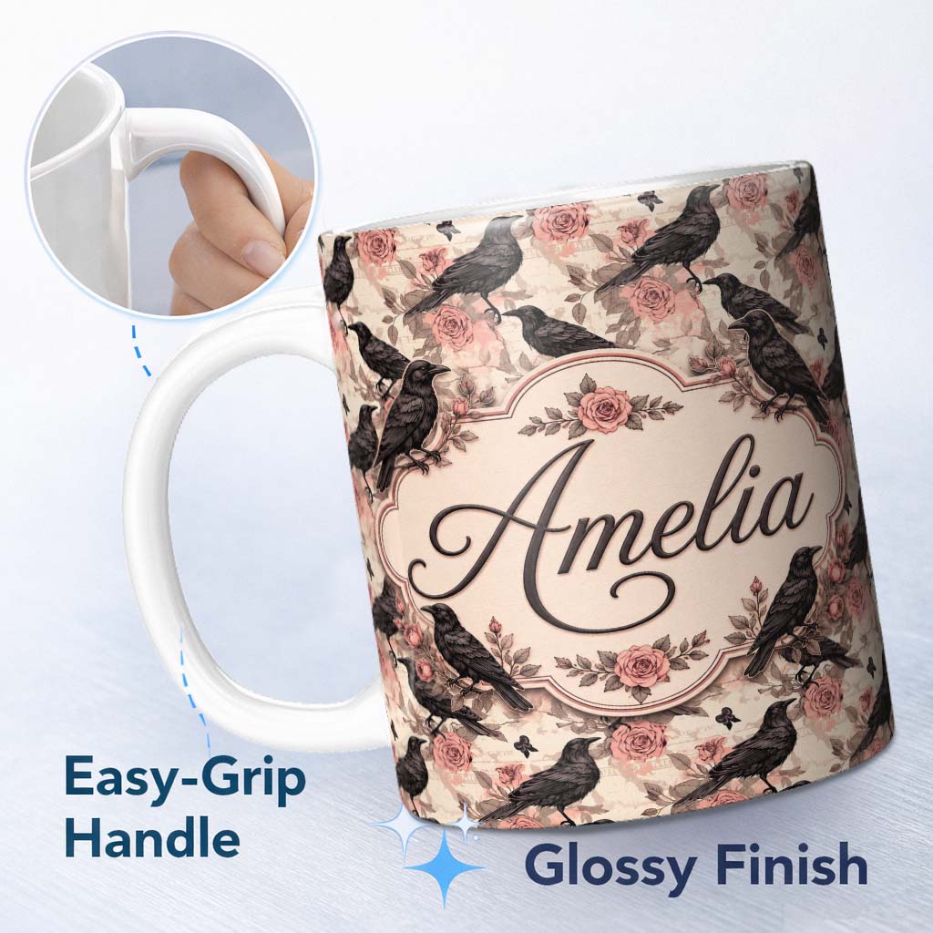 Personalized Custom Name Gothic Raven and Pink Roses Vintage Seamless Pattern Lovely 11oz Ceramic Coffee Tea Mug White Large Handle