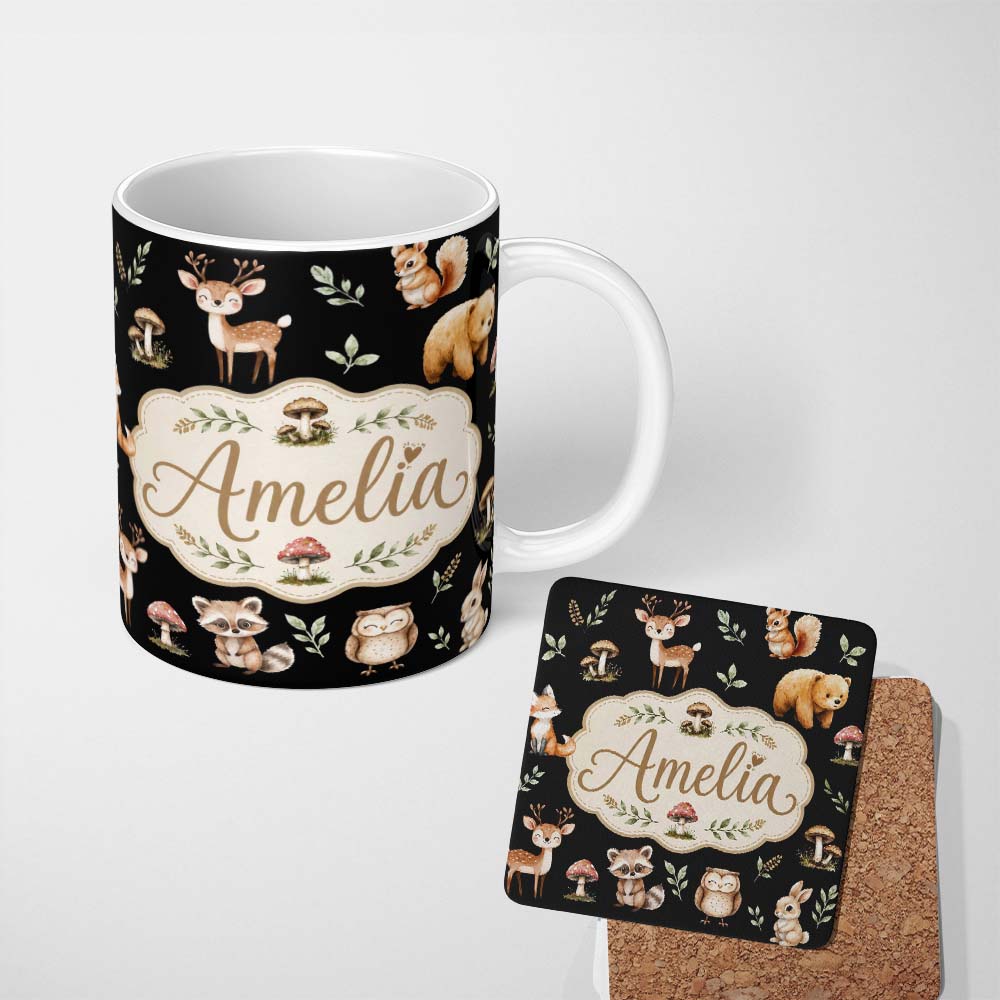 Personalized Custom Name Forest Animals Bear Deer Fox Owl Raccoon on Deep Black Seamless 11oz Ceramic Coffee Tea Mug White Large Handle