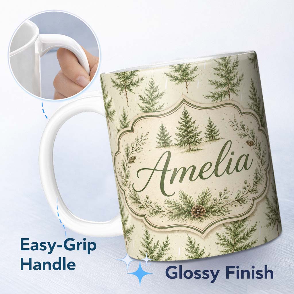 Personalized Custom Name Delicate Pine Branch Trees Light Neutral Seamless Pattern Lovely 11oz Ceramic Coffee Tea Mug White Large Handle