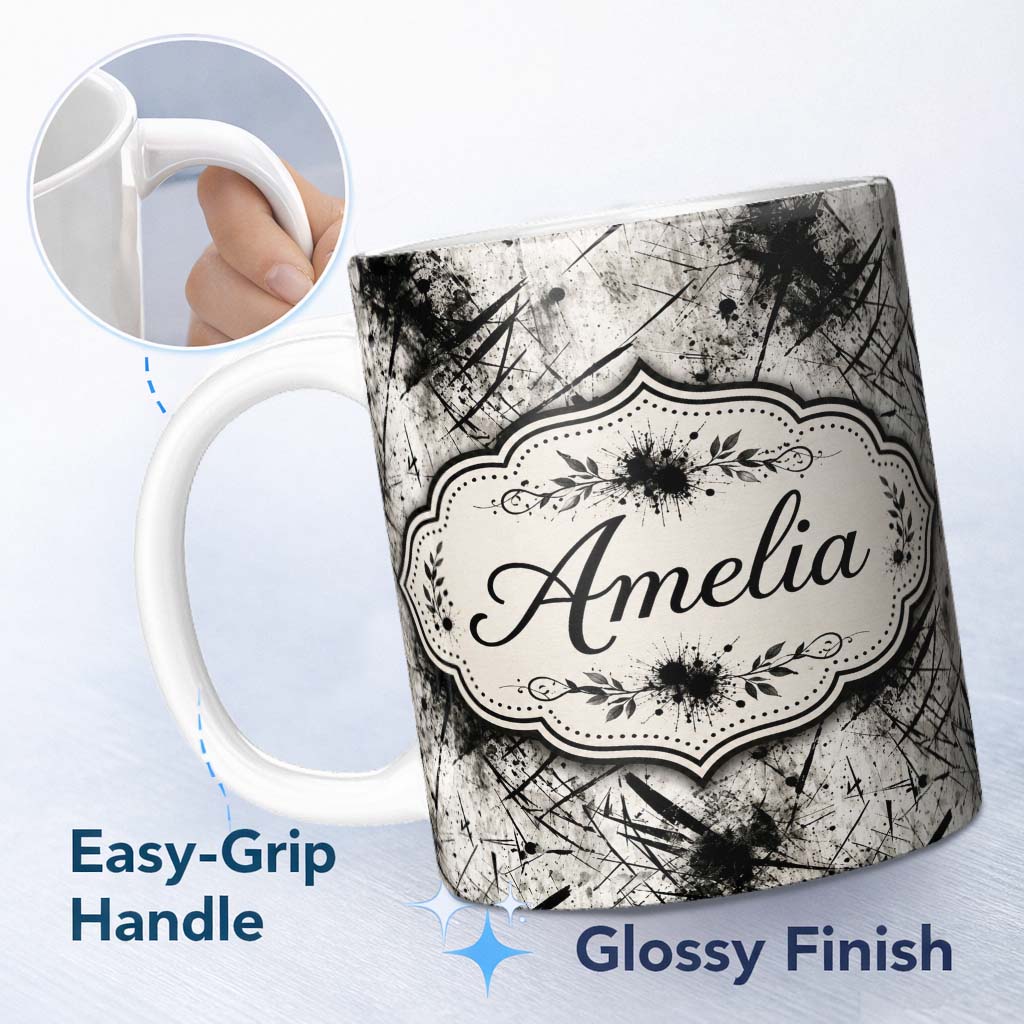 Personalized Custom Name Grunge Black Ink Splatter on Concrete Seamless Pattern Lovely 11oz Ceramic Coffee Tea Mug White Large Handle