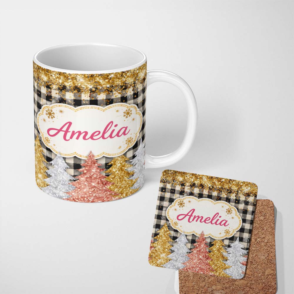 Personalized Custom Name Black Gold Christmas Plaid Pattern Festive Snowflake Seamless Design 11oz Ceramic Coffee Tea Mug White Large Handle
