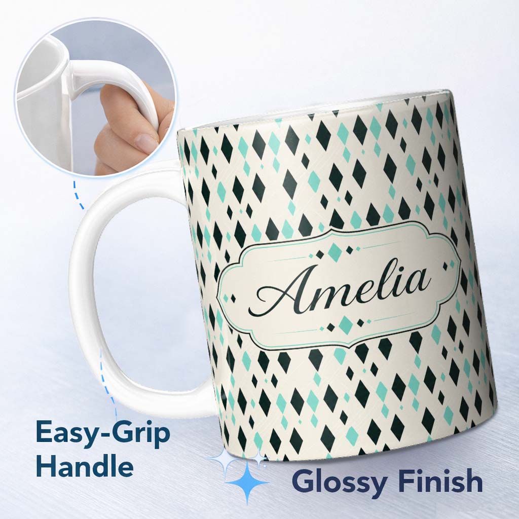 Personalized Custom Name Minimal Geometric Diamond Shapes Abstract Seamless Pattern Lovely 11oz Ceramic Coffee Tea Mug White Large Handle
