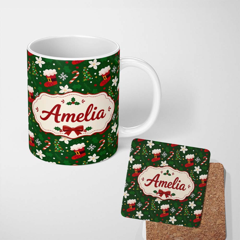 Personalized Custom Name Christmas Stocking Candy Cane Tree Poinsettia Seamless Pattern 11oz Ceramic Coffee Tea Mug White Large Handle