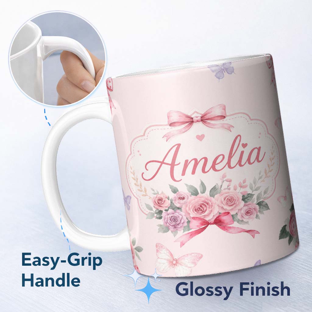 Personalized Custom Name Elegant Watercolor Rose Bouquet Ribbon Butterfly Soft Beige Lovely 11oz Ceramic Coffee Tea Mug White Large Handle