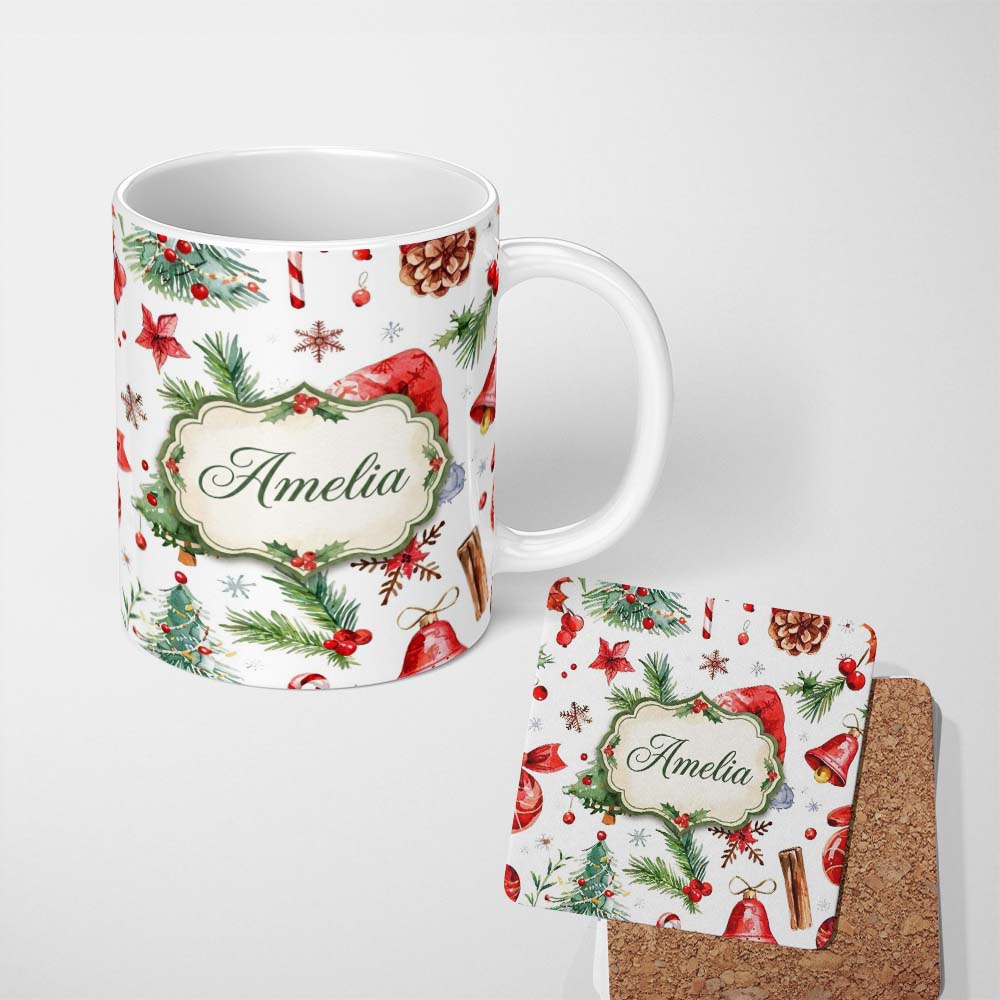 Personalized Custom Name Festive Pine Cone Candy Cane Snowflake Christmas Seamless Pattern 11oz Ceramic Coffee Tea Mug White Large Handle