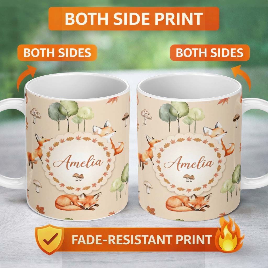 Personalized Custom Name Watercolor Woodland Fox Mushroom Autumn on Warm Beige Background 11oz Ceramic Coffee Tea Mug White Large Handle