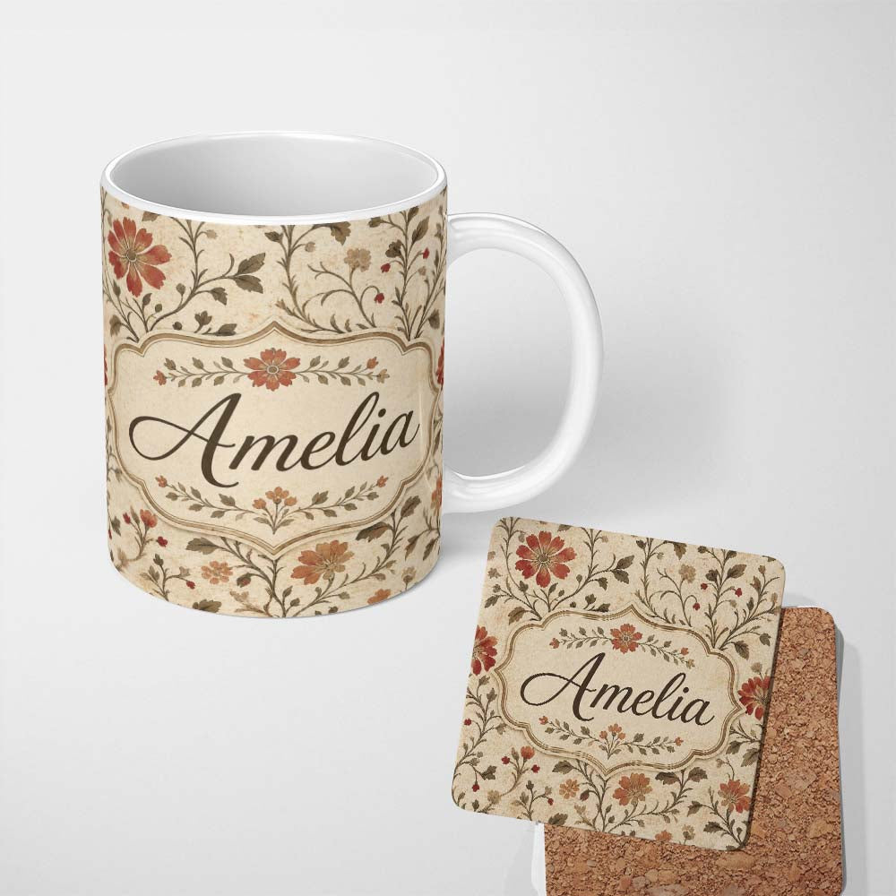 Personalized Custom Name Elegant Botanical Vine Floral Neutral Tone Seamless Pattern Lovely 11oz Ceramic Coffee Tea Mug White Large Handle