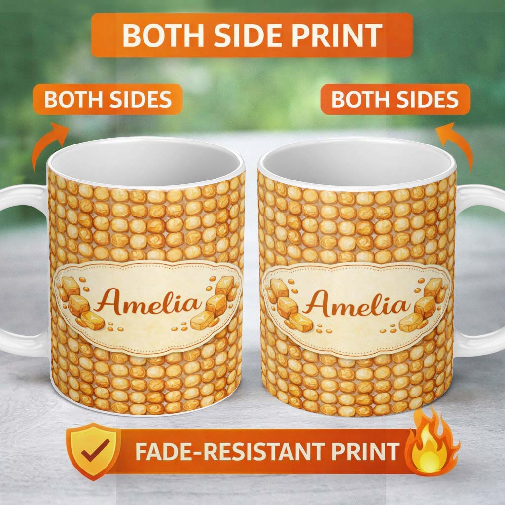 Personalized Custom Name Golden Biscuit Cookie Repeat Seamless Pattern Charming Kitchen Decor 11oz Ceramic Coffee Tea Mug White Large Handle