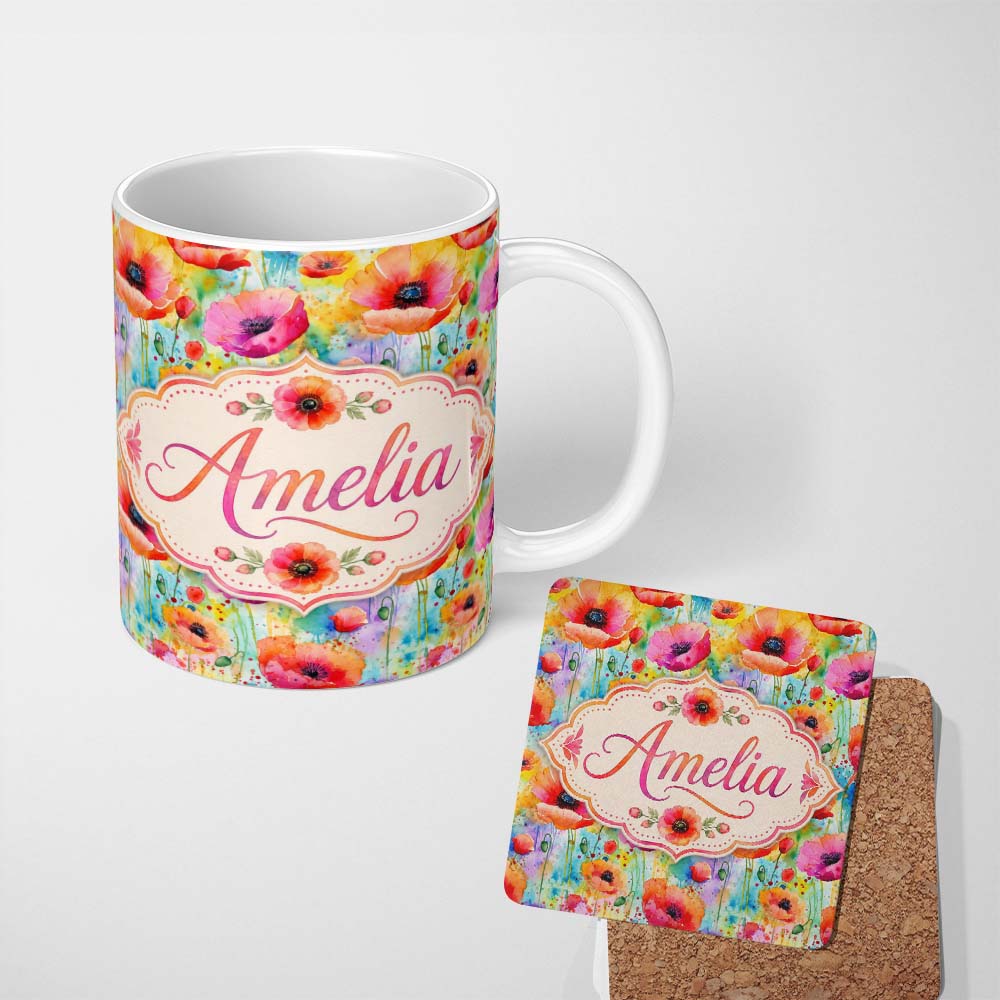 Personalized Custom Name Bright Watercolor Poppy Flowers with Color Splash Seamless Pattern 11oz Ceramic Coffee Tea Mug White Large Handle