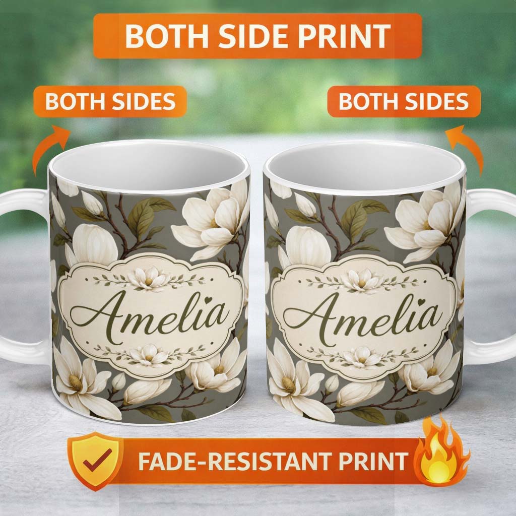 Personalized Custom Name Classic Magnolia Blossoms Botanical Illustration Seamless Pattern 11oz Ceramic Coffee Tea Mug White Large Handle