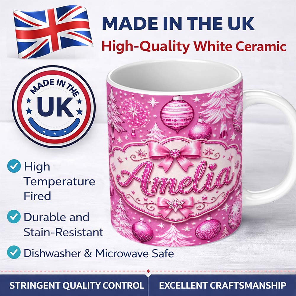 Personalized Custom Name Elegant Pink Christmas Tree Ornament Winter Seamless Pattern Lovely 11oz Ceramic Coffee Tea Mug White Large Handle