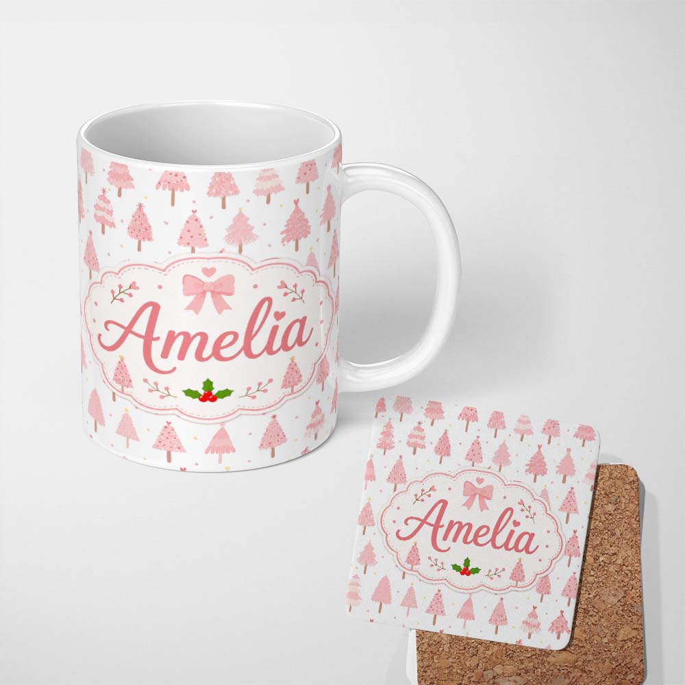 Personalized Custom Name Soft Pink Christmas Tree Forest Cute Seamless Pattern Lovely 11oz Ceramic Coffee Tea Mug White Large Handle