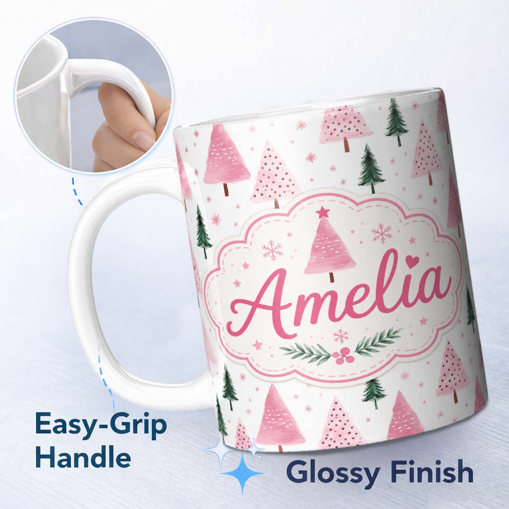 Personalized Custom Name Watercolor Pink Green Christmas Trees Seamless Pattern Lovely 11oz Ceramic Coffee Tea Mug White Large Handle