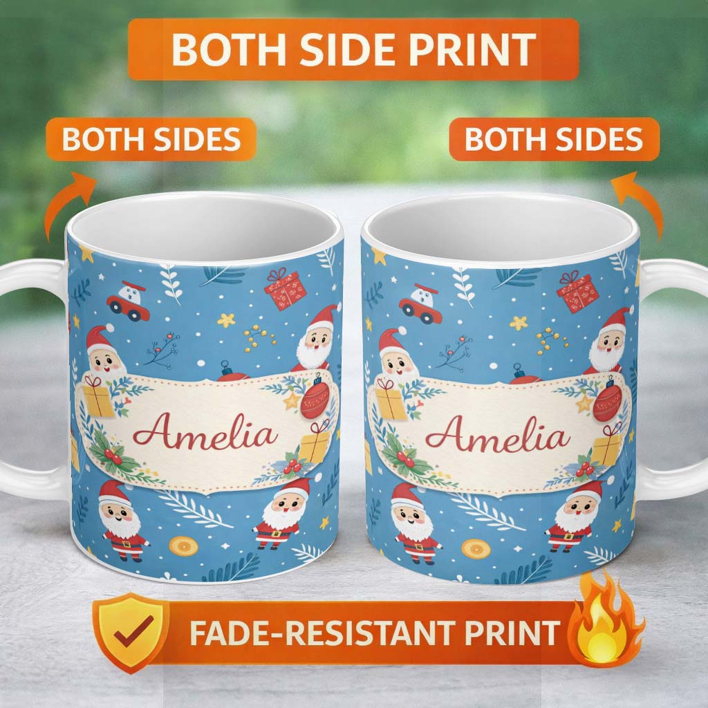 Personalized Custom Name Red Festive Christmas Tree Reindeer Snowman Seamless Pattern Lovely 11oz Ceramic Coffee Tea Mug White Large Handle