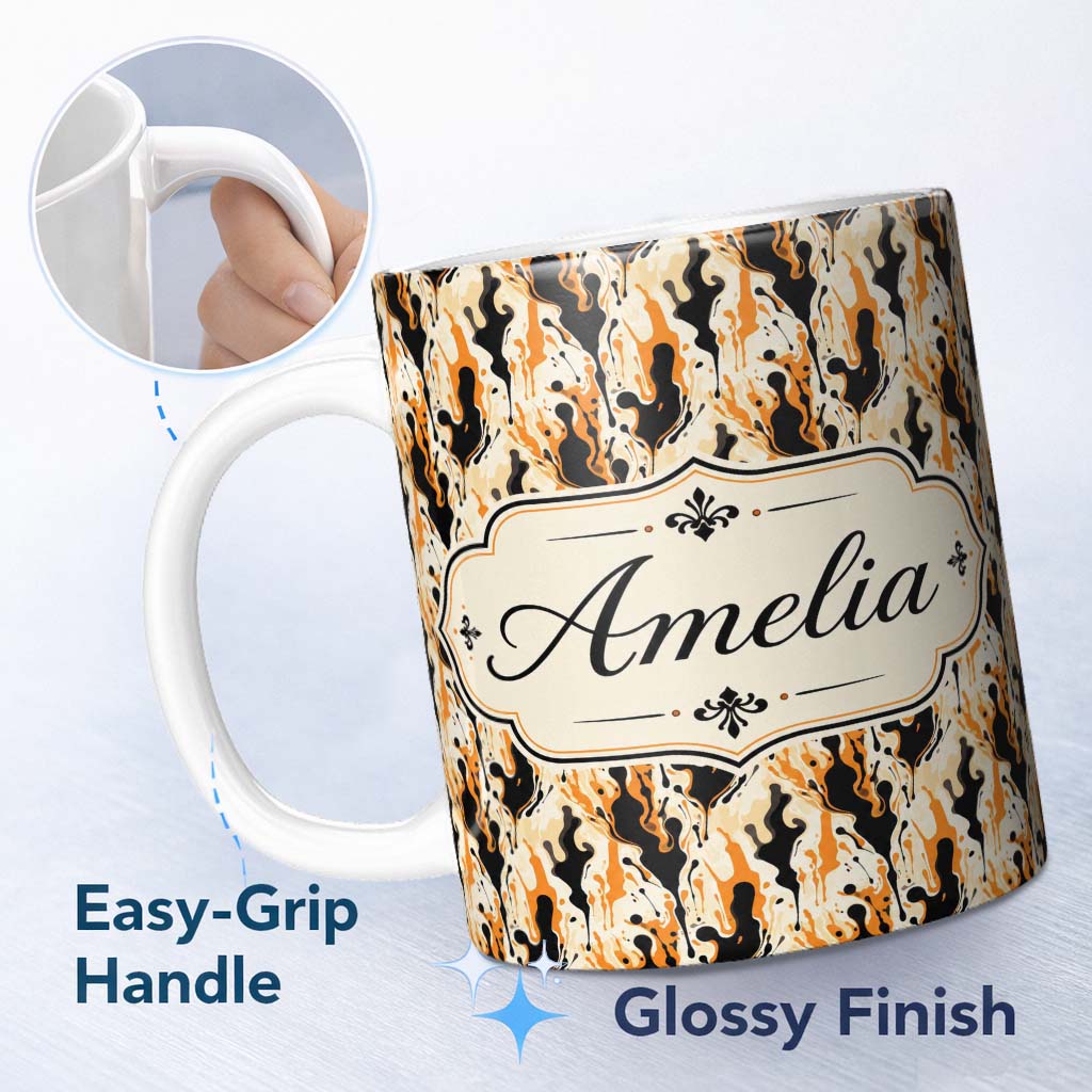Personalized Custom Name Orange Black Liquid Marble Abstract Flow Seamless Pattern Lovely 11oz Ceramic Coffee Tea Mug White Large Handle