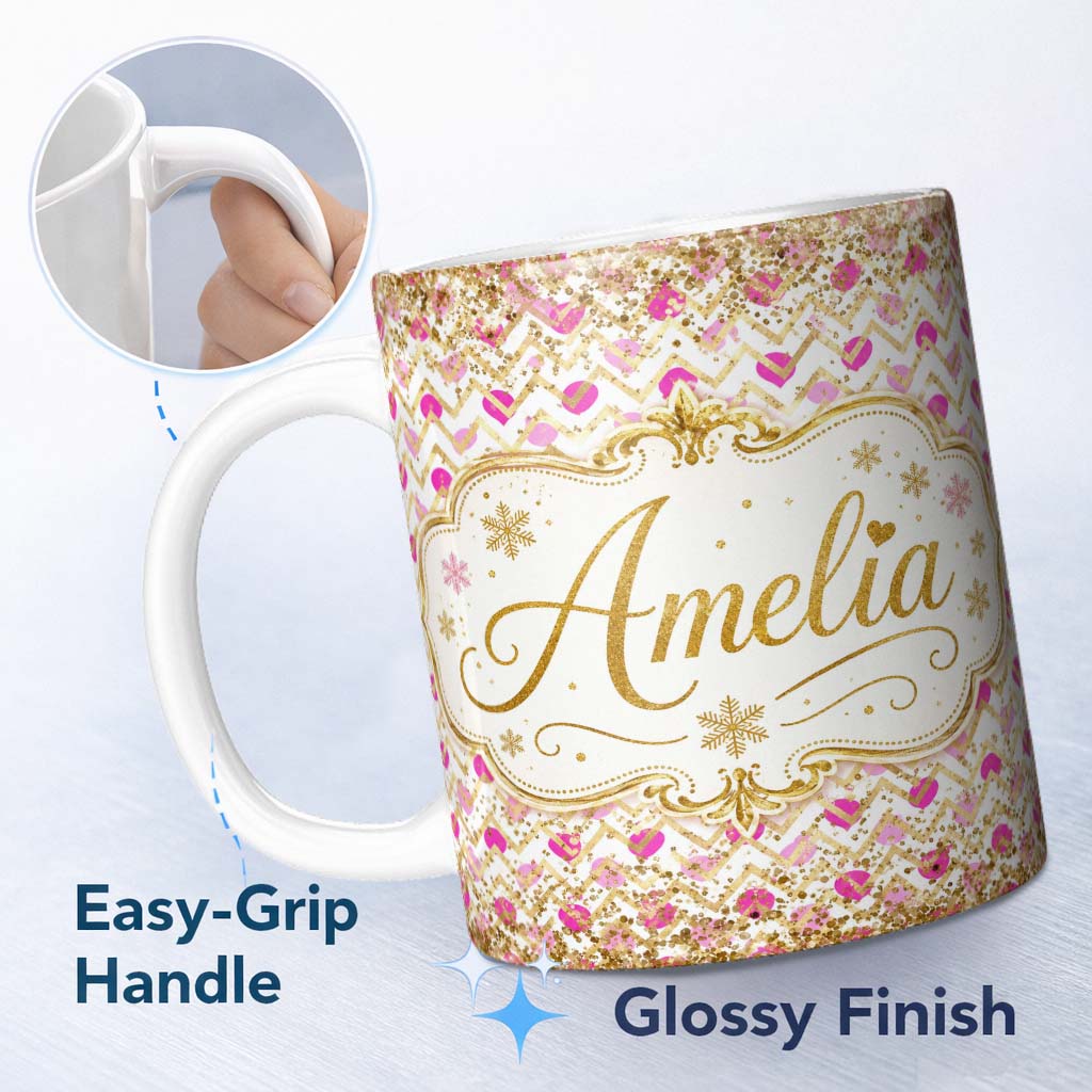 Personalized Custom Name Pink Gold Chevron Glitter Hearts Seamless Pattern Design Stylish 11oz Ceramic Coffee Tea Mug White Large Handle