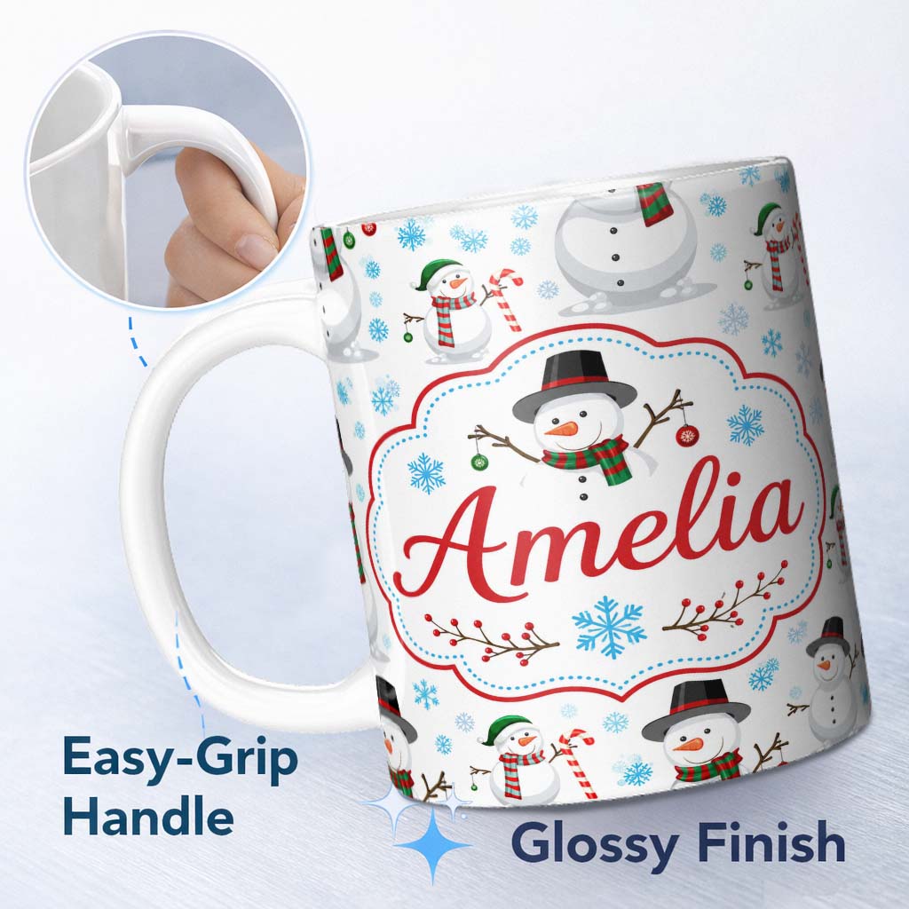 Personalized Custom Name Cute Snowman Winter Scarf Hat Snowflakes Seamless Pattern Lovely 11oz Ceramic Coffee Tea Mug White Large Handle