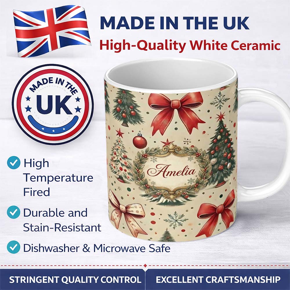 Personalized Custom Name Vintage Christmas Trees Red Bows Ornaments Seamless Pattern Lovely 11oz Ceramic Coffee Tea Mug White Large Handle