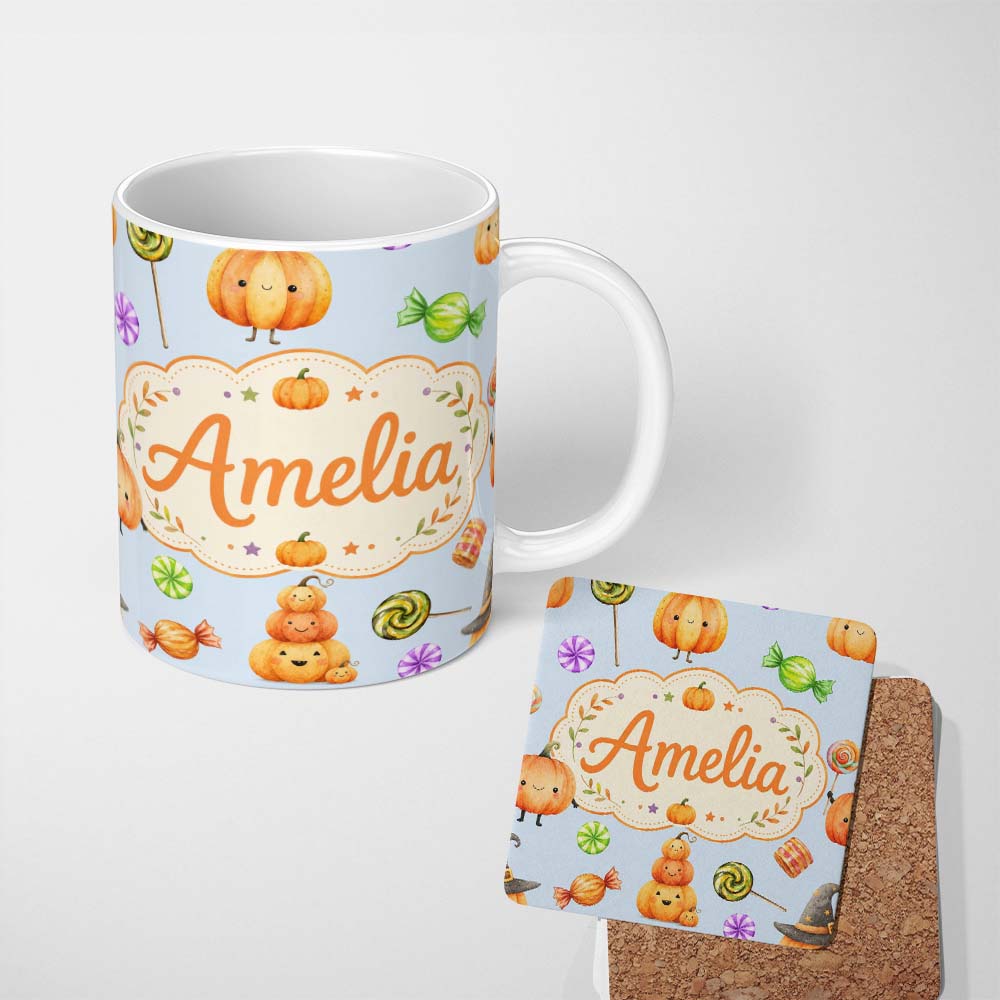Personalized Custom Name Cute Candy Pumpkin Characters Sweet Halloween Seamless Pattern UK 11oz Ceramic Coffee Tea Mug White Large Handle