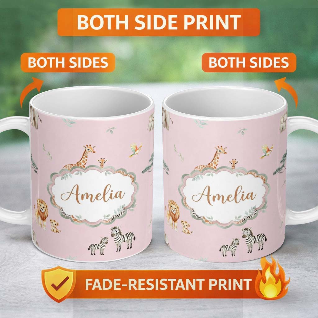 Personalized Custom Name Safari Animals Giraffe Lion Zebra on Blush Pink Seamless Pattern 11oz Ceramic Coffee Tea Mug White Large Handle
