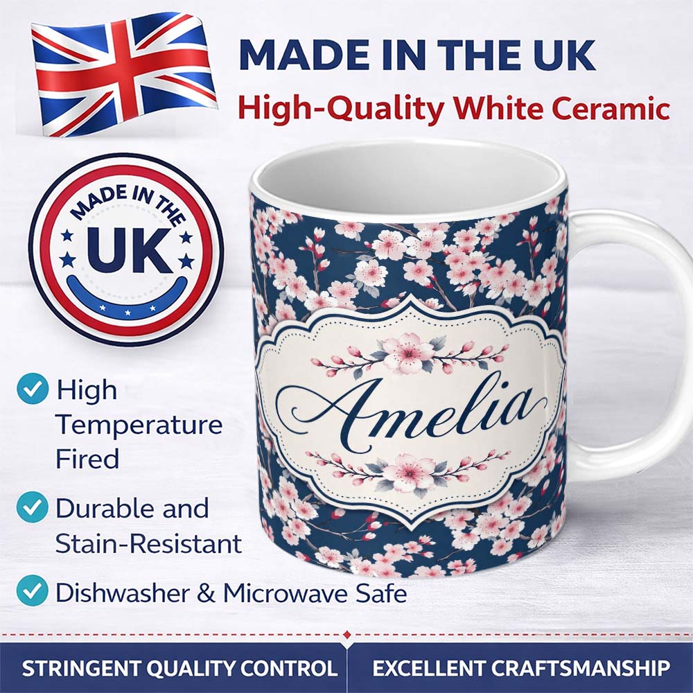 Personalized Custom Name Soft Sakura Flower Branches Blue Background Seamless Pattern Lovely 11oz Ceramic Coffee Tea Mug White Large Handle
