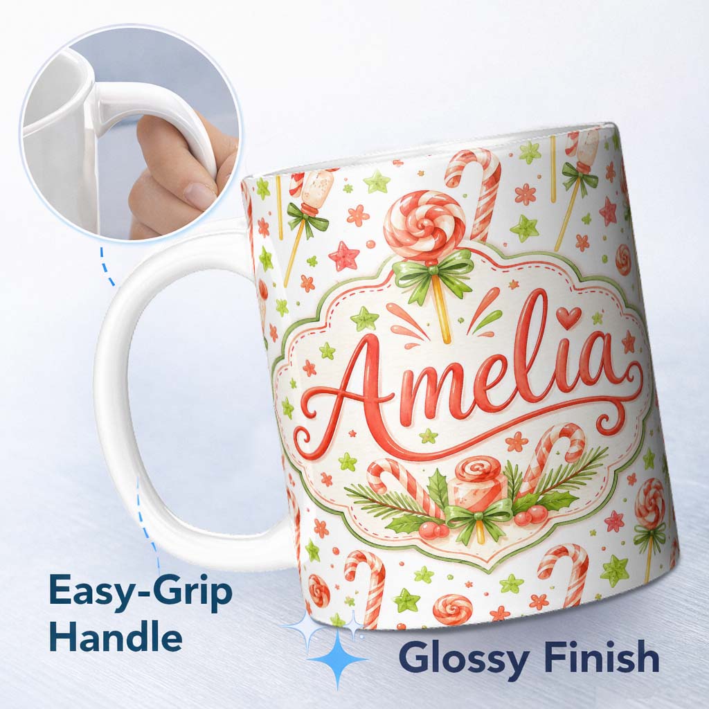 Personalized Custom Name Cute Candy Cane Lollipop Sweet Treat Festive Seamless Pattern Lovely 11oz Ceramic Coffee Tea Mug White Large Handle