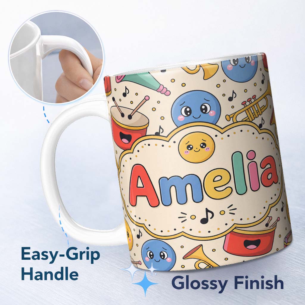 Personalized Custom Name Cute Musical Instruments Notes Cartoon Fun Seamless Pattern Lovely 11oz Ceramic Coffee Tea Mug White Large Handle