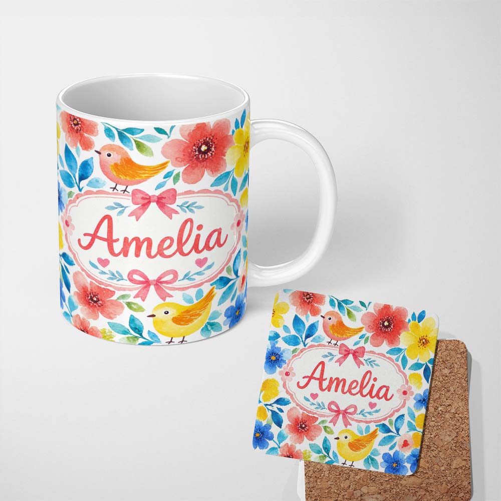 Personalized Custom Name Watercolor Bird Floral Botanical Seamless Pattern Cute Unique Gift 11oz Ceramic Coffee Tea Mug White Large Handle