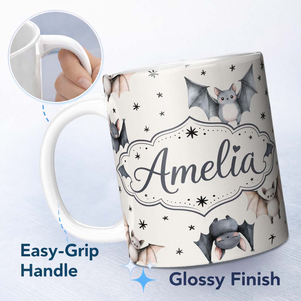 Personalized Custom Name Cute Watercolor Bats and Stars Seamless Pattern Light Neutral Lovely 11oz Ceramic Coffee Tea Mug White Large Handle