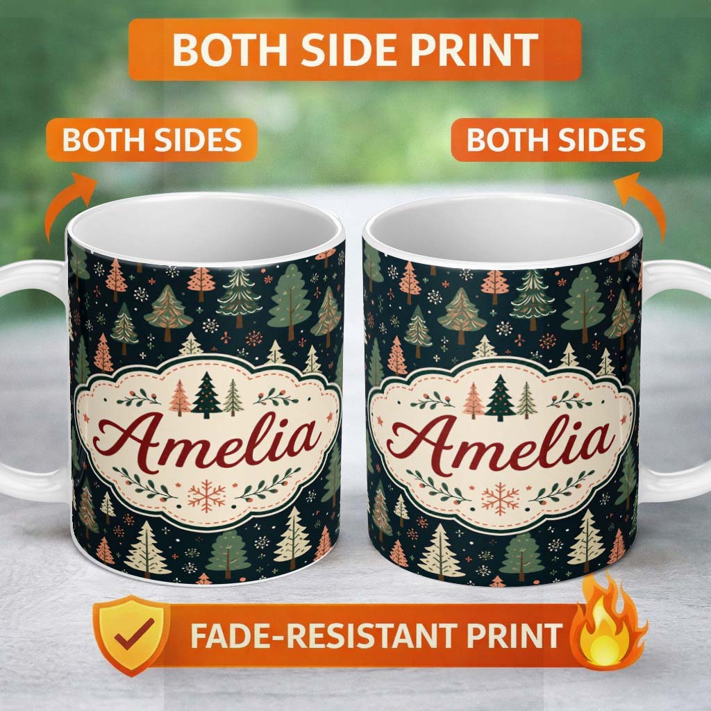Personalized Custom Name Scandi Forest Christmas Trees Pastel Green Pink Snowflakes Seamless 11oz Ceramic Coffee Tea Mug White Large Handle