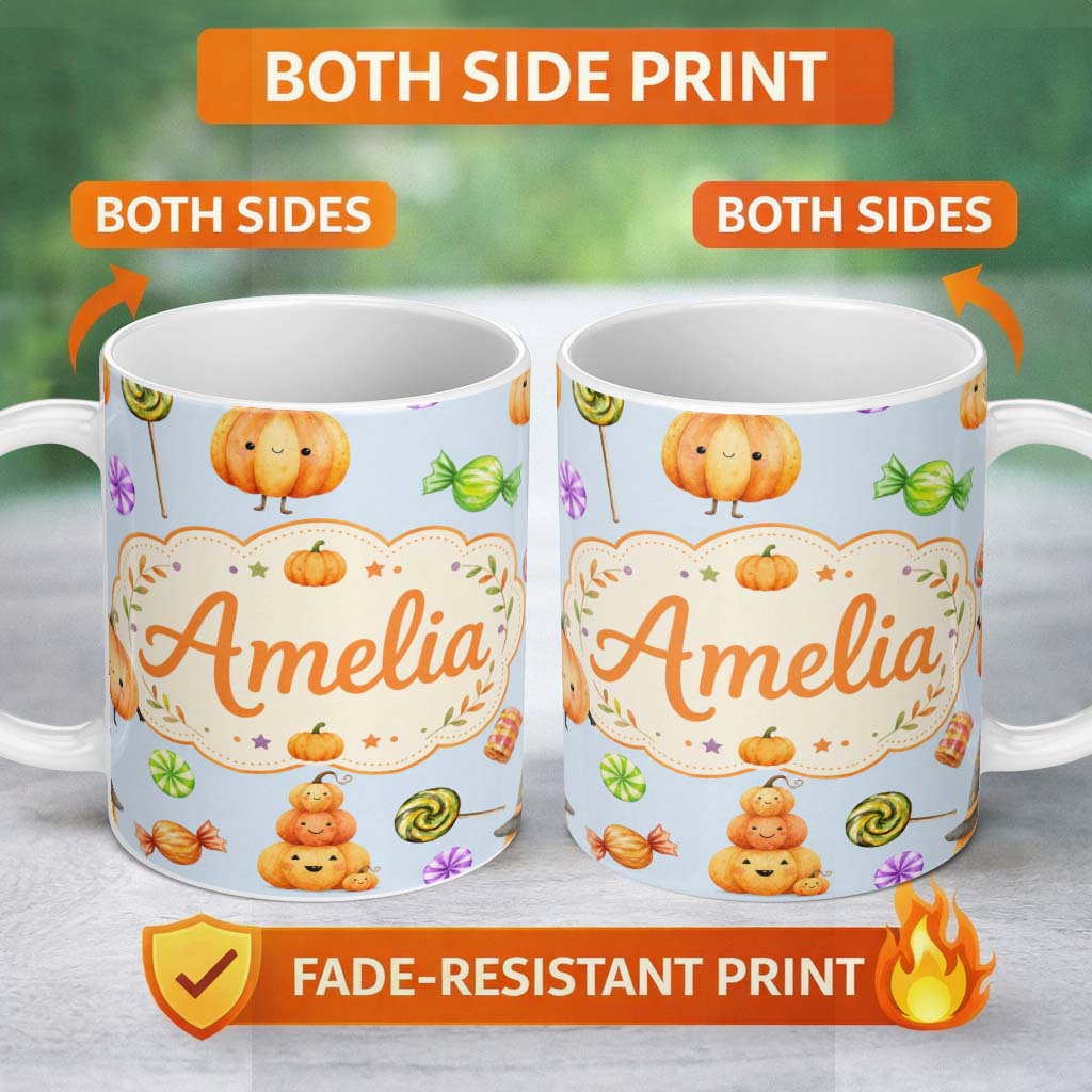 Personalized Custom Name Cute Candy Pumpkin Characters Sweet Halloween Seamless Pattern UK 11oz Ceramic Coffee Tea Mug White Large Handle