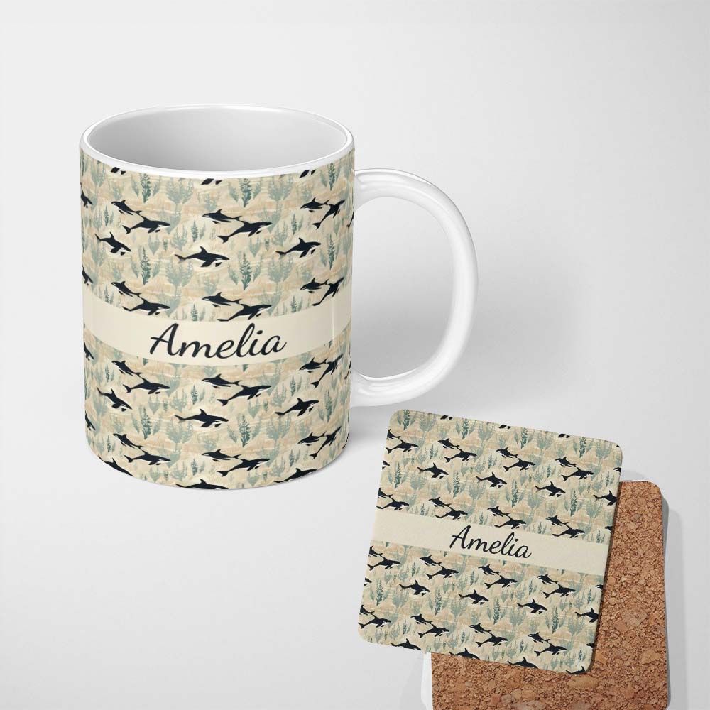 Personalized Custom Name Minimal Orca Whale and Seaweed Seamless Pattern Ocean Marine Life 11oz Ceramic Coffee Tea Mug White Large Handle