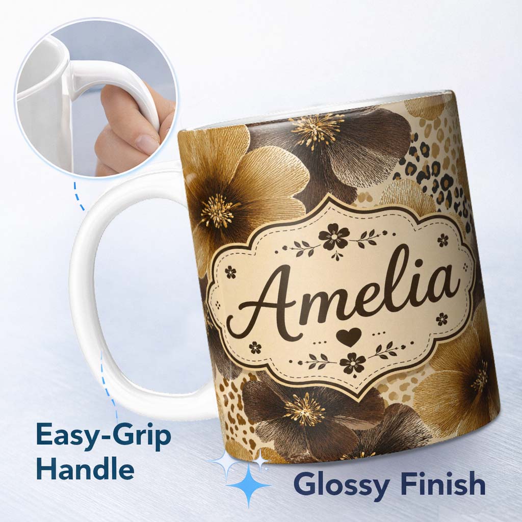 Personalized Custom Name Warm Gold and Brown Floral with Abstract Leopard Spots Textile 11oz Ceramic Coffee Tea Mug White Large Handle