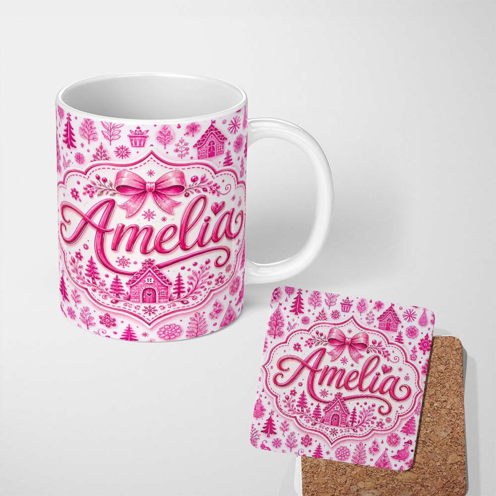Personalized Custom Name Cute Pink Christmas Icon Doodle Holiday Seamless Pattern Lovely 11oz Ceramic Coffee Tea Mug White Large Handle