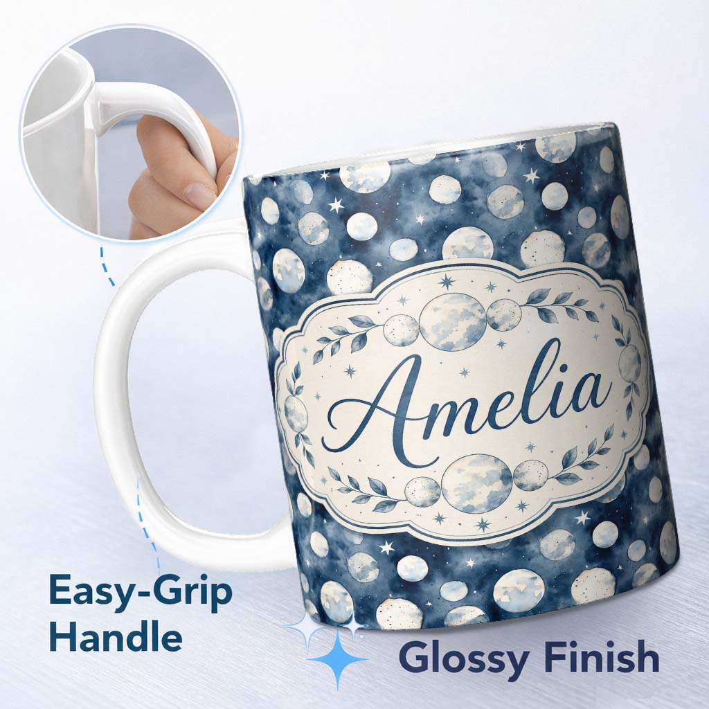 Personalized Custom Name Blue Galaxy Moon Phases and Stars Seamless Pattern Cute Unique Gift 11oz Ceramic Coffee Tea Mug White Large Handle