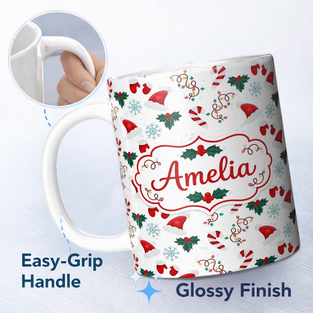 Personalized Custom Name Christmas Hat Mittens Lights Candy Cane Seamless Pattern Lovely 11oz Ceramic Coffee Tea Mug White Large Handle