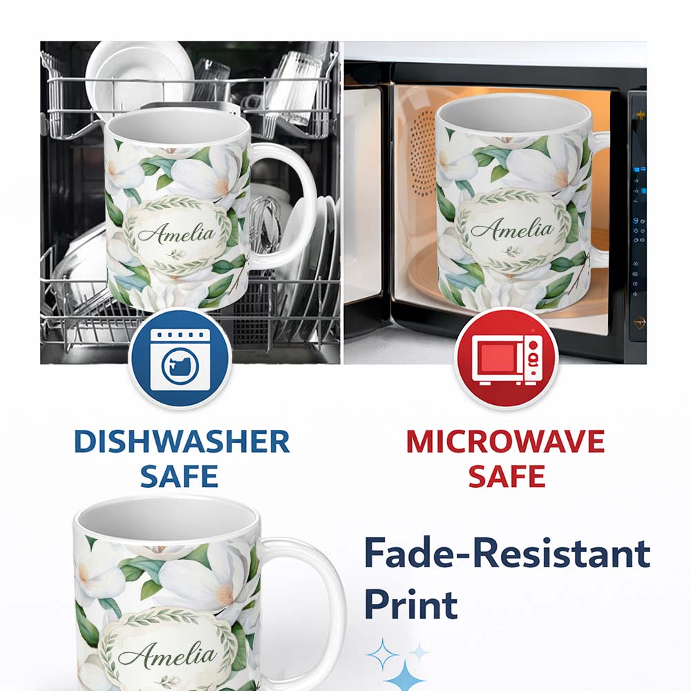 Personalized Custom Name Soft White Magnolia Flowers and Green Leaves Seamless Pattern Lovely 11oz Ceramic Coffee Tea Mug White Large Handle