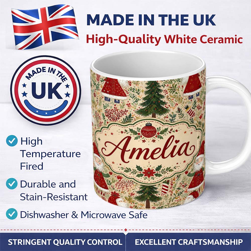 Personalized Custom Name Whimsical Santa Gnome Christmas Trees Seamless Pattern Festive 11oz Ceramic Coffee Tea Mug White Large Handle