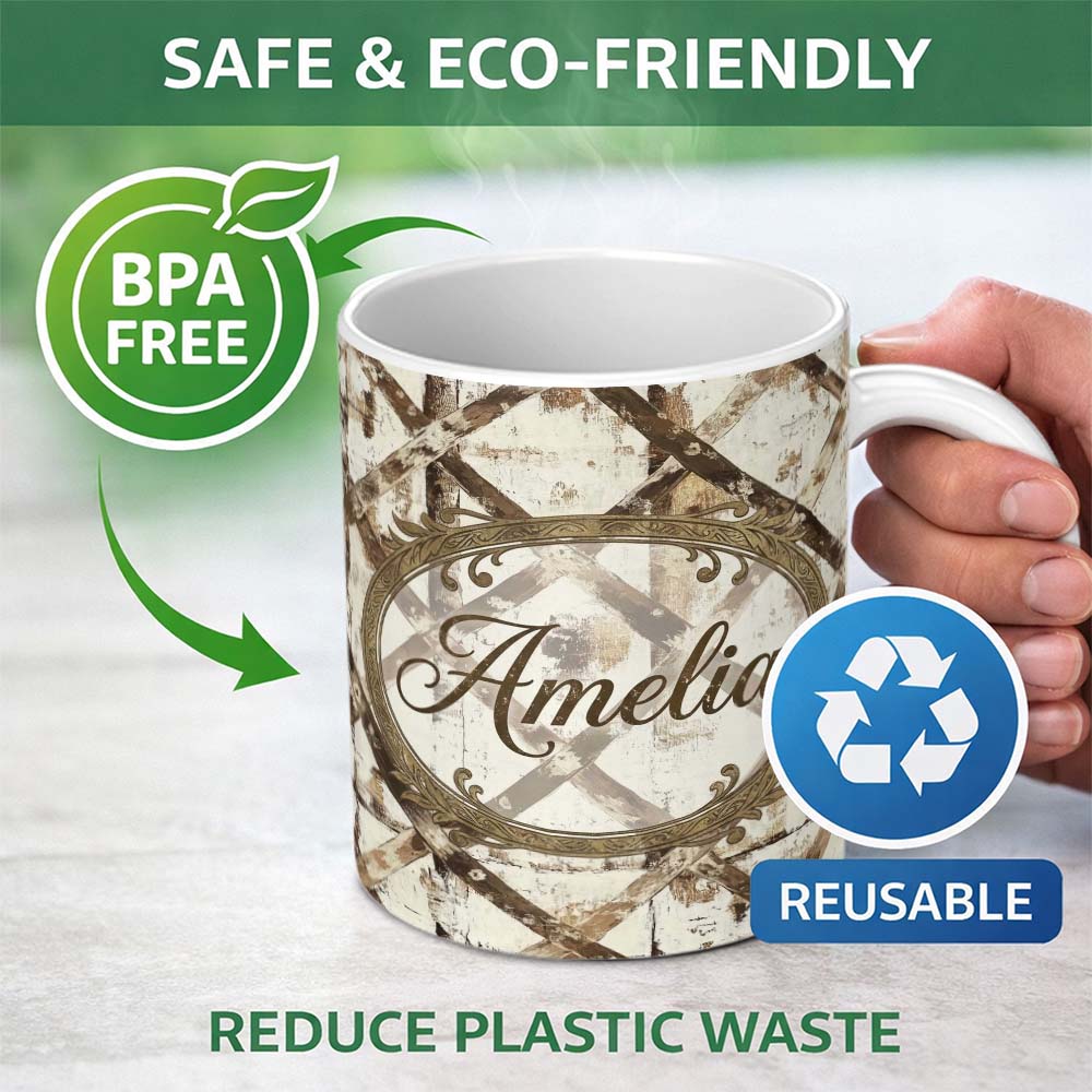 Personalized Custom Name Rustic Distressed Wooden Cross Pattern on Whitewashed Texture Lovely 11oz Ceramic Coffee Tea Mug White Large Handle