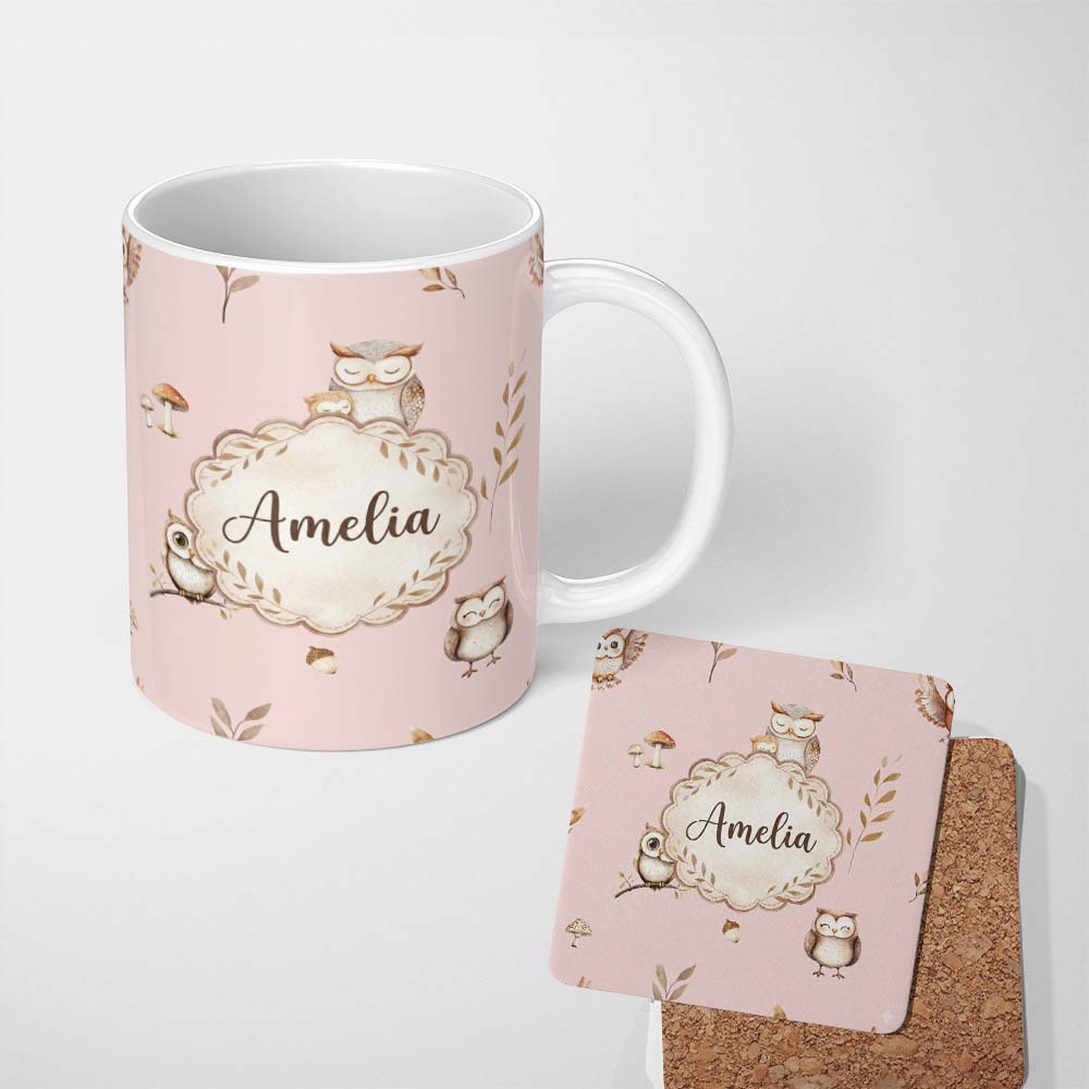 Personalized Custom Name Cute Woodland Owls with Mushrooms Leaves Soft Pink Background 11oz Ceramic Coffee Tea Mug White Large Handle