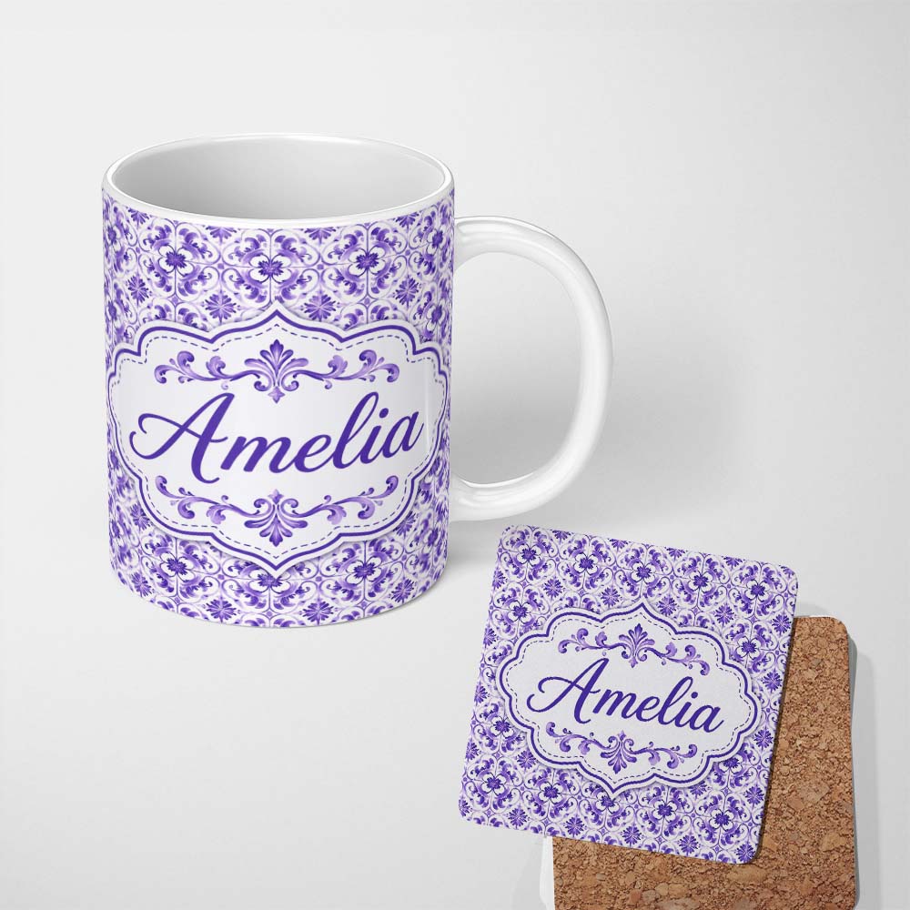 Personalized Custom Name Purple Ornamental Tile Floral Seamless Pattern Beautiful Coffee Cup 11oz Ceramic Coffee Tea Mug White Large Handle